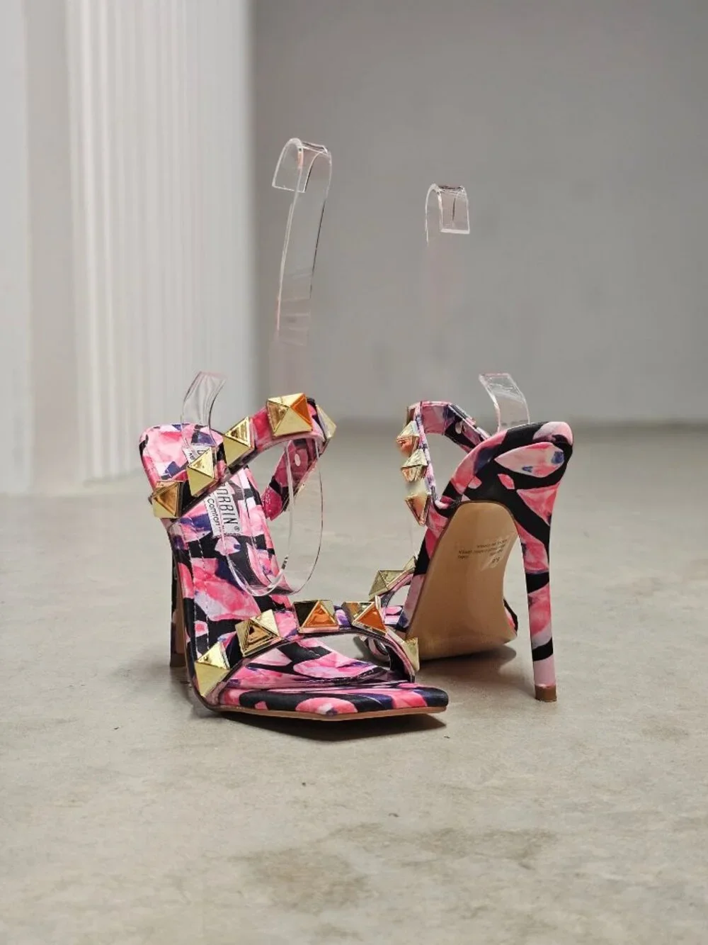 Pink & Gold Studded High Heel Sandals With Floral Pattern Open Toe Stiletto Heel - Picture 8 of 13